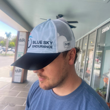 Blue Sky Trucker Hat with Horizontal Stripe