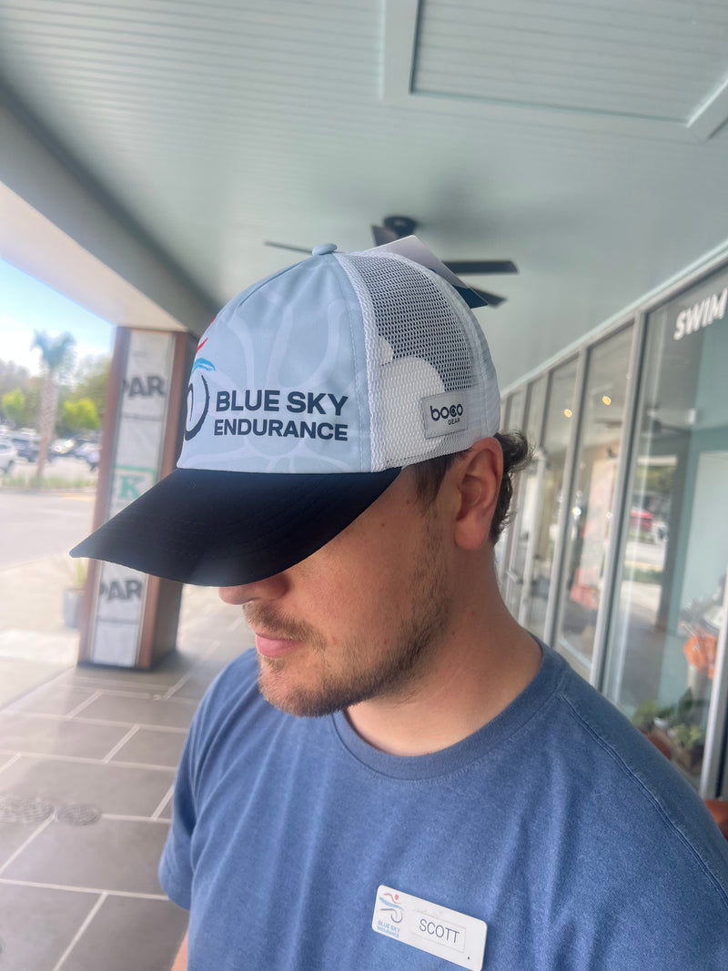 Blue Sky Trucker Hat with Horizontal Stripe