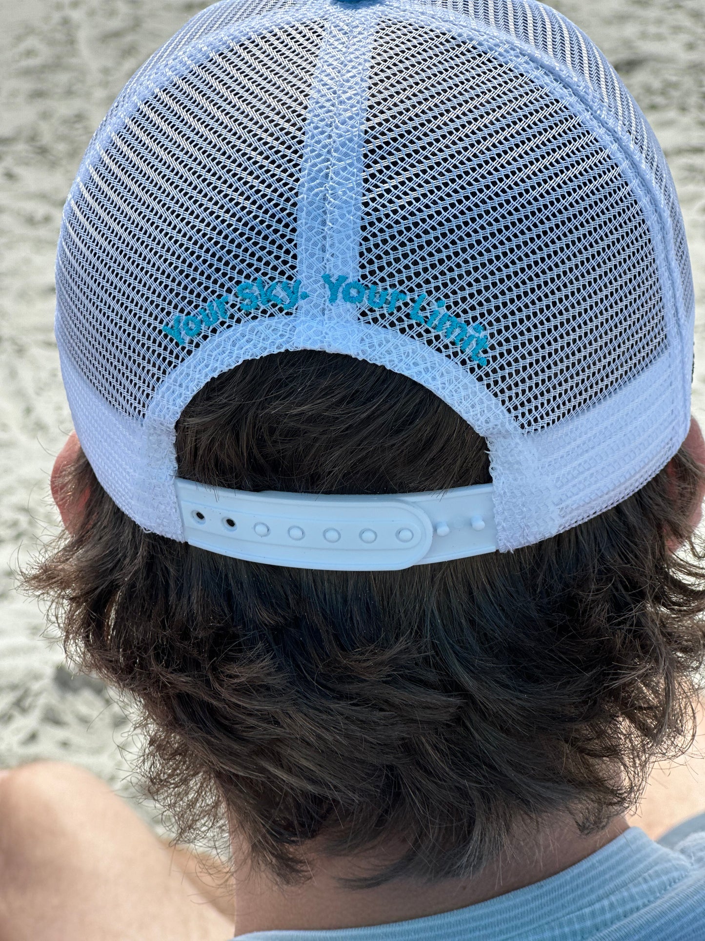 Blue Sky Trucker Hat with Horizontal Stripe