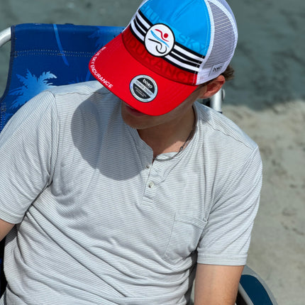 Blue Sky Trucker Hat with Horizontal Stripe