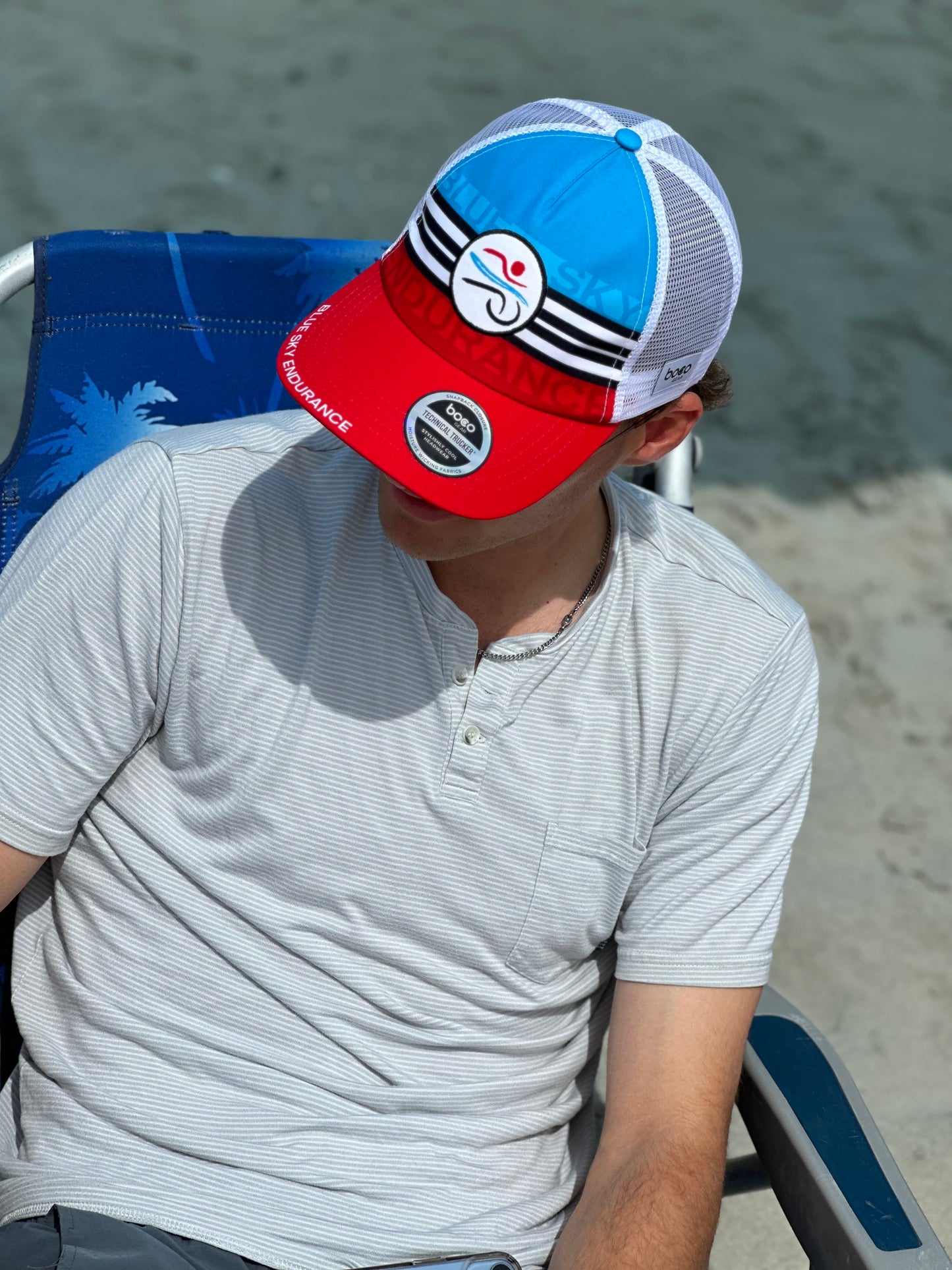 Blue Sky Trucker Hat with Horizontal Stripe