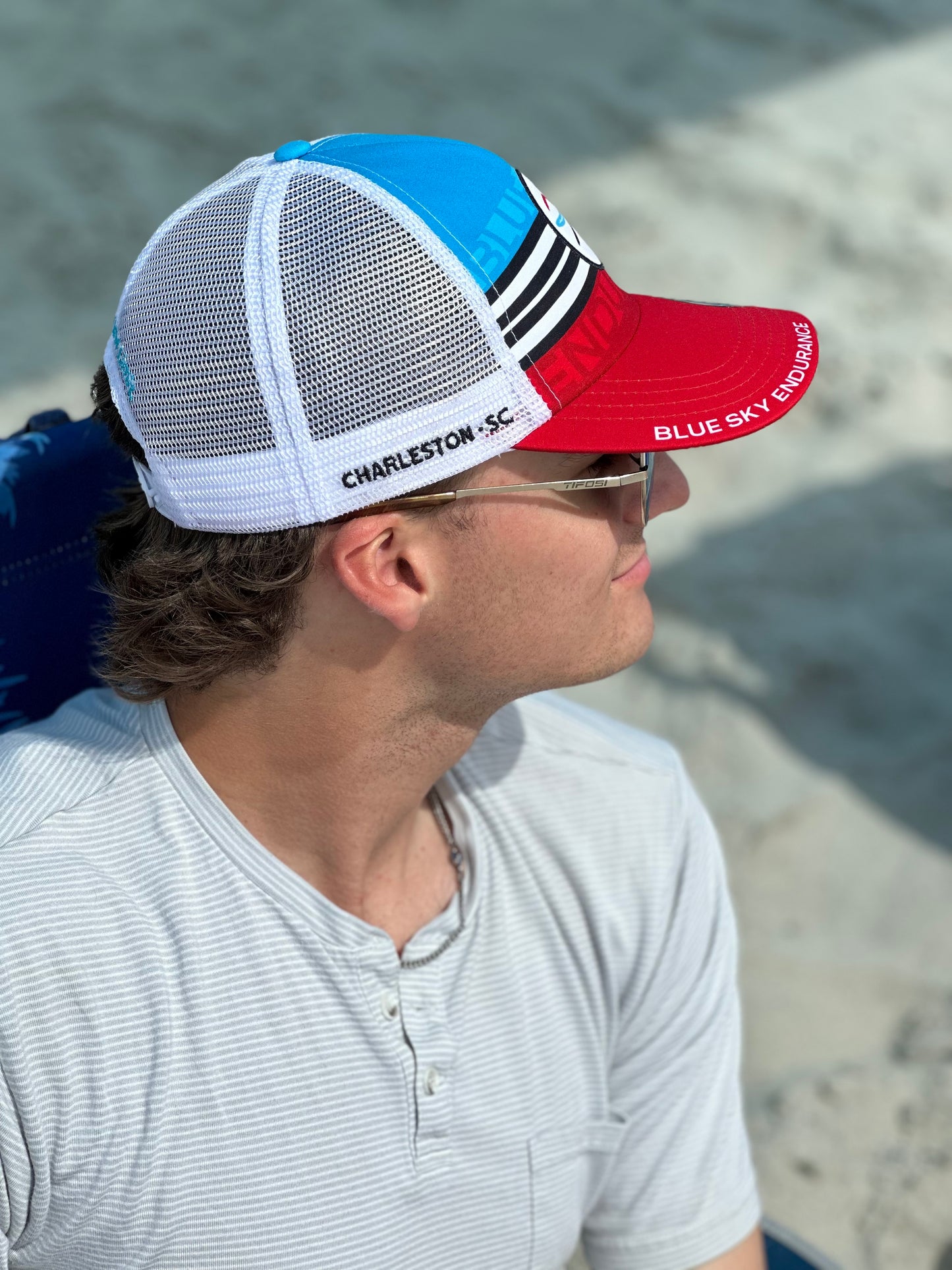 Blue Sky Trucker Hat with Horizontal Stripe