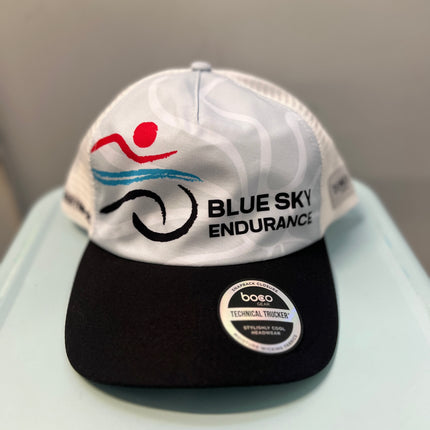 Blue Sky Trucker Hat with Horizontal Stripe