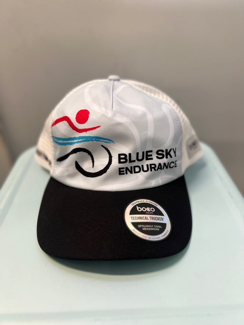 Blue Sky Trucker Hat with Horizontal Stripe