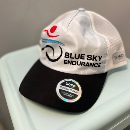 Blue Sky Trucker Hat with Horizontal Stripe