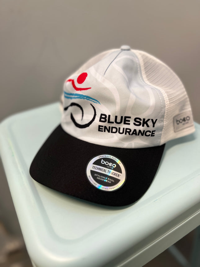 Blue Sky Trucker Hat with Horizontal Stripe