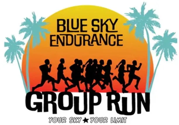 Blue Sky Endurance Group Run logo with runners silhouetted against a sunset and palm trees