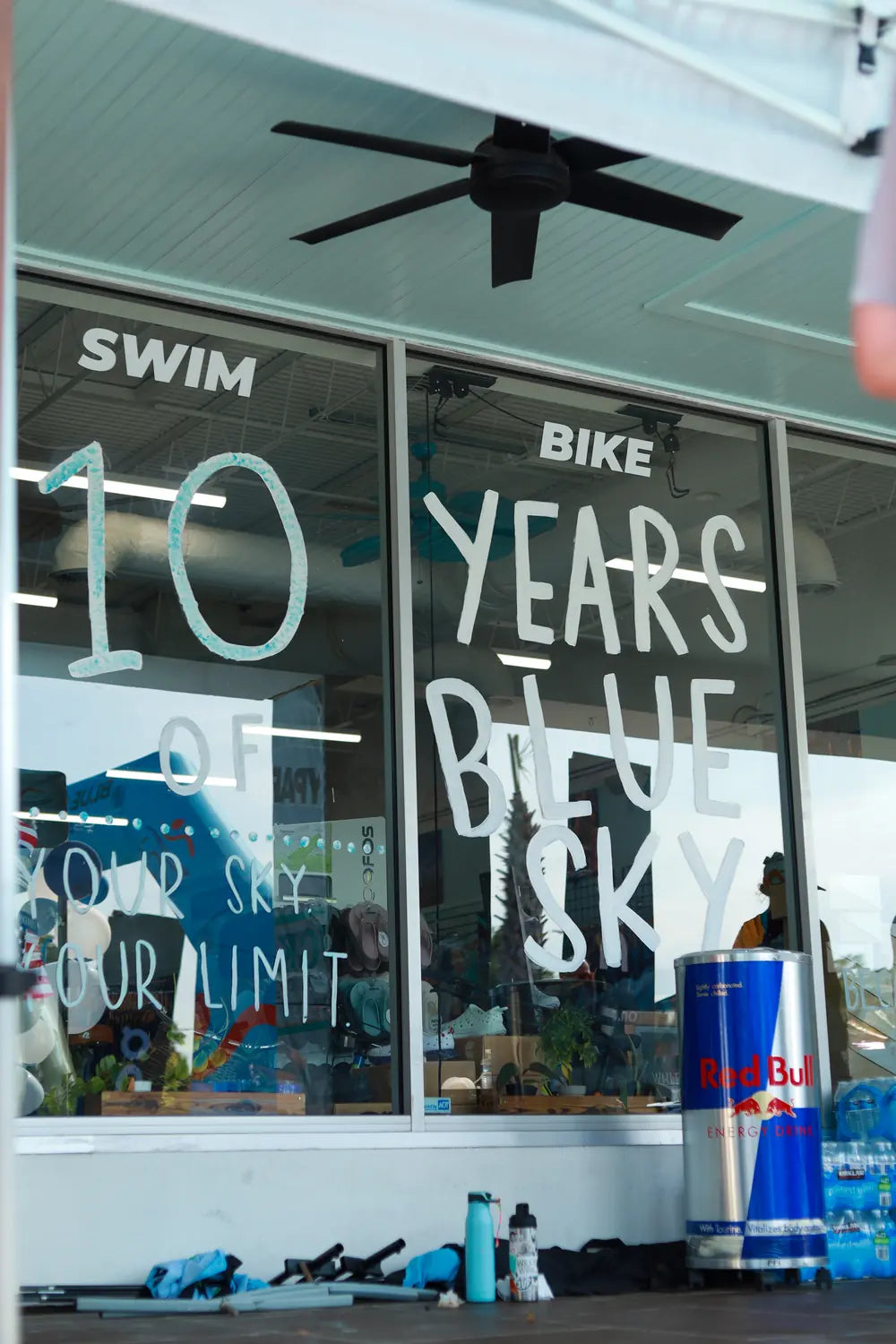 Store window painted with 10 Years of Blue Sky to celebrate the store’s 10th anniversary